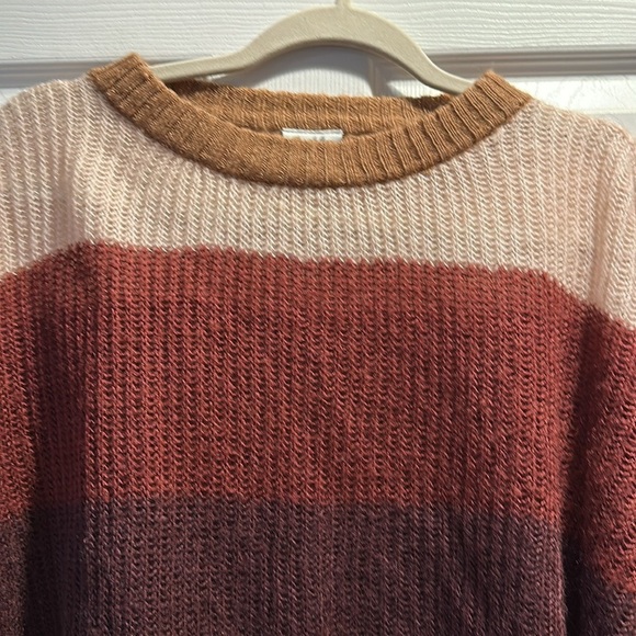 Others Follow Tan Chunky Stripe Loose Knit Oversized Crop Sweater M Fuzzy - Picture 4 of 7